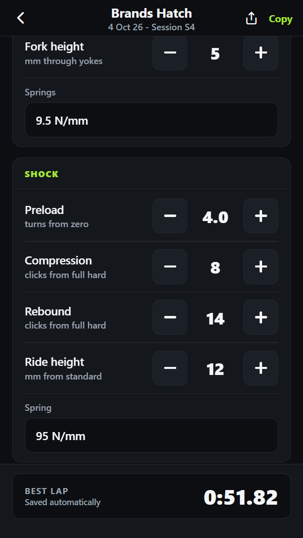 PitSheet sheet scrolled to forks and shock: fork height 5 mm, 9.5 N/mm springs, shock preload 4.0 turns, compression 8, rebound 14, ride height 12 mm, 95 N/mm spring